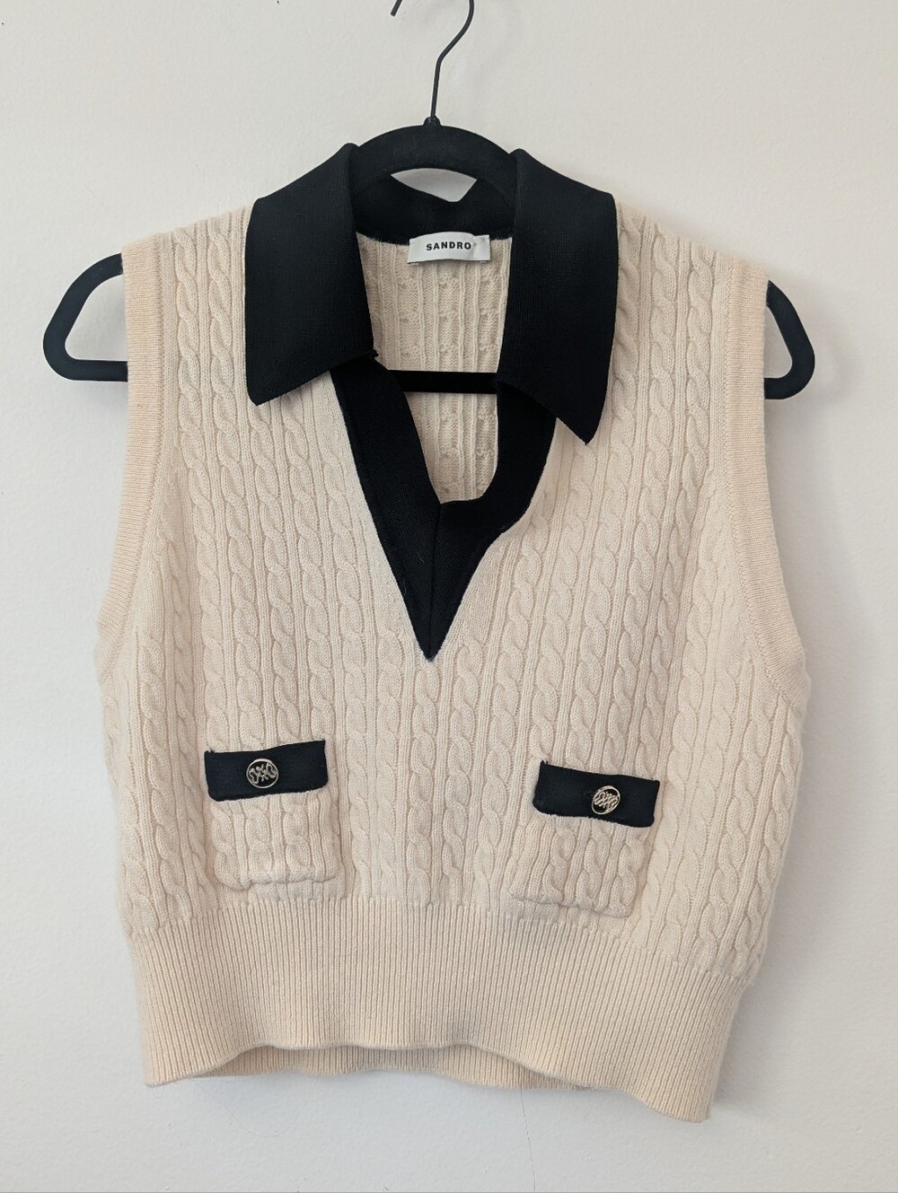 Sandro Beige Cable Knit Vest with Dark Accents SZ 4